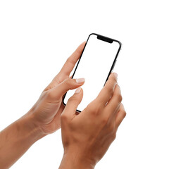 Man holding smartphone with blank white screen on transparent background, isolated hands showing mobile device for mockup
