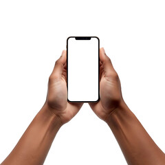 Man holding smartphone with blank white screen on transparent background, isolated hands showing mobile device for mockup