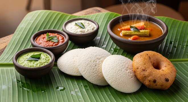 Traditional South Indian Breakfast with Idli, Medu Vada, and Chutneys