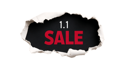 Torn paper revealing a 11 sale announcement isolated on transparent background.