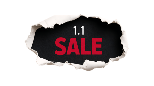 Torn paper revealing a 11 sale announcement isolated on transparent background.