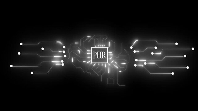 Digital Brain Circuit Board with White Neon Lights and PHR Text technology artificial intelligence