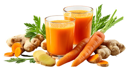 Carrot ginger juice with fresh ingredients isolated on transparent background.