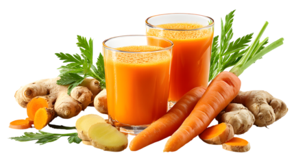 Carrot ginger juice with fresh ingredients isolated on transparent background.
