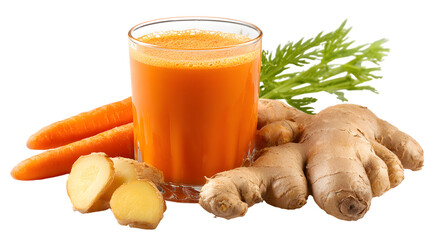 Glass of carrot and ginger juice isolated on transparent background.