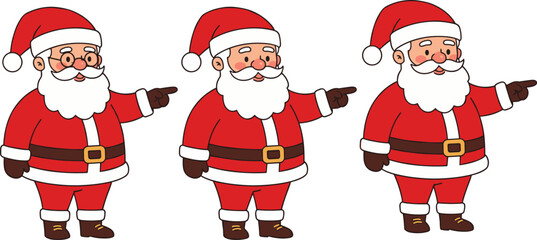 Cute cartoon Santa Claus character set pointing finger gesture, Christmas vector illustration, holiday design, festive winter season decoration
