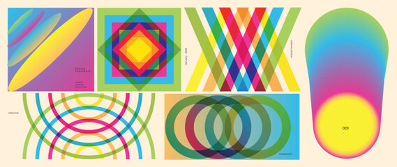 Abstract gradient geometric poster vector set with circles, waves, layered arches and optical shapes. Designed for modern posters, backgrounds, web banners, product packaging and digital design.
