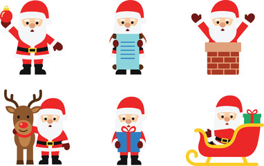 Cute Santa Claus Christmas vector illustration set with reindeer, gifts, sleigh, chimney, holiday decorations, winter celebration, and festive icons