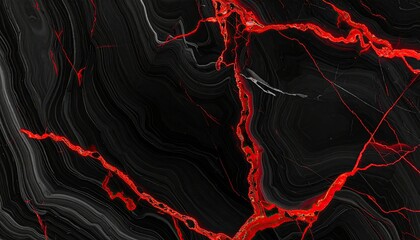 Abstract black marble with red veins, creating a dramatic and artistic pattern.
