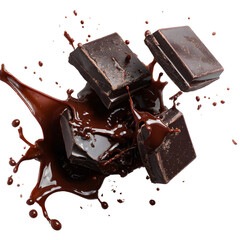 Dark chocolate pieces splashing in melted chocolate isolated on transparent background.