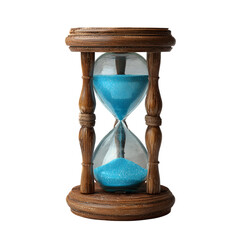 Ornate wooden hourglass with blue sand isolated on transparent background.