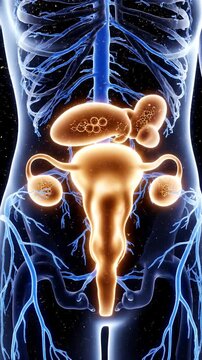 Female Reproductive System Anatomy with Glowing Ovaries Uterus and Fallopian Tubes in Blue Veins Network on Black Background for Medical Visualizations and Healthcare Presentations Animation