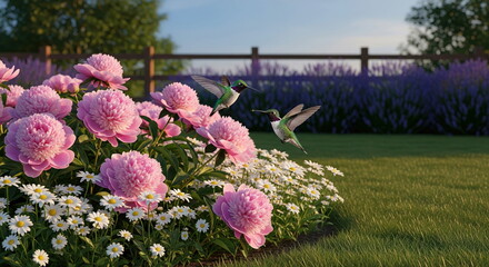 Two vibrant hummingbirds hover gracefully over lush pink peonies and white daisies in a sunlit garden, with lavender fields and a wooden fence in the background.