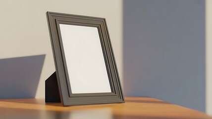 Dark Gray Photo Frame with White Blank Space on Wooden Table picture frame black