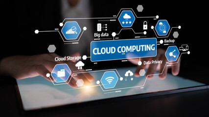 A conceptual image showcasing cloud computing technology, featuring hands interacting with a digital tablet displaying icons related to data security, storage, and analytics. Tessel