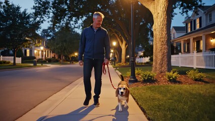 Mature Man Walking a Dog Along Suburban Sidewalk at Twilight
