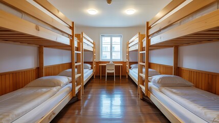 Dormitory Room with Multiple Wooden Bunk Beds and a Desk hostel sleeping