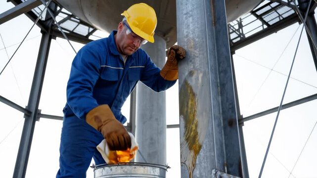Worker Cleans Metal Structure on Water Tower With Cloth and Solvent