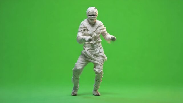 A person in a mummy costume dances against a solid green background