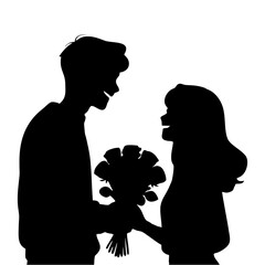 silhouette of a man giving flowers to a woman