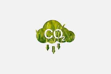 CO₂ reduction concept with a cloud icon and green rice field background. Symbolizing carbon absorption. Ideal for environmental visuals, eco-friendly campaigns, and renewable resource illustrations.