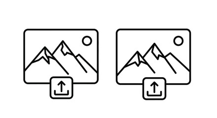 Two identical line art icons of mountain landscape with an upload symbol