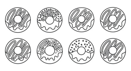 Eight black and white line art illustrations of various decorated donuts