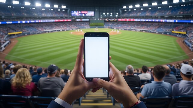 Person holding smartphone with blank screen at baseball game in stadium spectator
