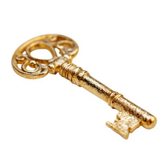 Antique golden ornate key isolated on transparent background.