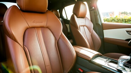 Upscale Car Interior with Brown Leather Seats and Sunlight Glare luxury