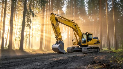 Yellow excavator in a sunlit forest with light rays filtering through trees Keywords: excavator, construction, heavy