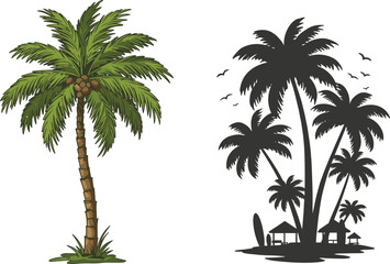 Tropical coconut palm tree illustration, summer beach silhouette with huts and birds, island paradise vector art, vacation travel design