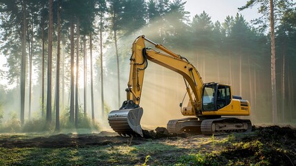 Yellow excavator digging in a forest clearing with sunbeams filtering through trees construction equipment