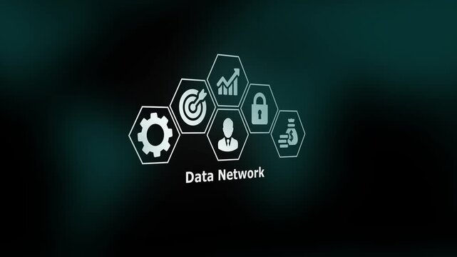 A conceptual Data Network illustration featuring interconnected business icons representing growth, security, analytics, and operational digital structures.