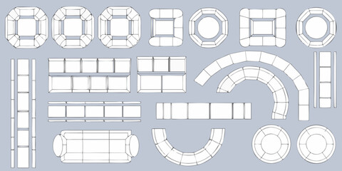 Collection of modular furniture elements and seating arrangements in a clean line drawing style