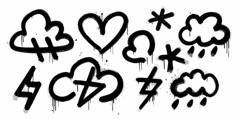 Graffiti style black icons of clouds hearts lightning bolts and asterisks with drip effects on white background