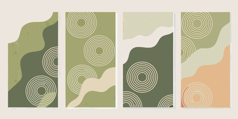 Abstract organic shapes and concentric circles in a soothing palette of greens and beige