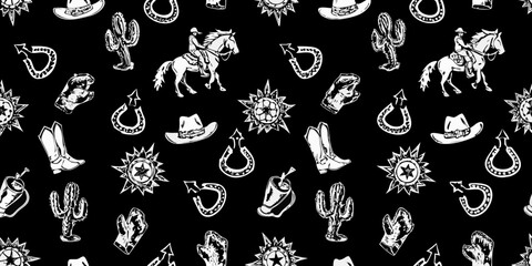 Whimsical western cowboy pattern featuring horses cacti hats boots and horseshoes on black background