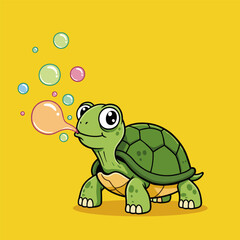Cheerful cartoon turtle blowing colorful soap bubbles against a bright yellow background.