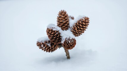 Winter scene: snow covered pine cones on a branch, close-up, winter freshness. - Powered by Adobe