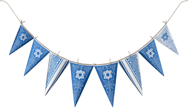 Hanukkah Bunting Decoration with Star of David and Blue and White Triangle Flags Hanging on a String, Transparent Background for Festive Design