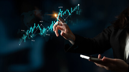 Stock market analysis with candlestick chart and price movement trend line, highlighting global...