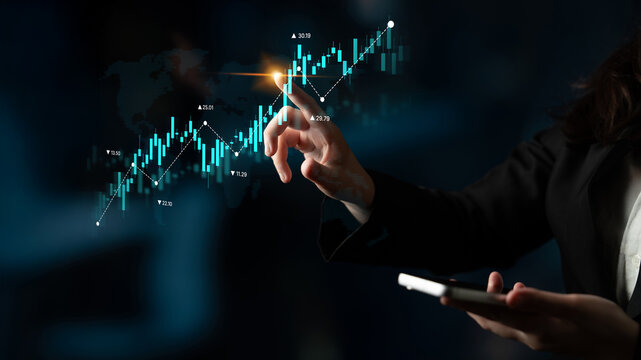Stock market analysis with candlestick chart and price movement trend line, highlighting global financial trends, stock trading, and investment strategy insights Latch
