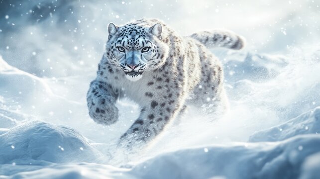 Snow leopard running in snowy mountains; winter wildlife scene, nature background, wildlife photography