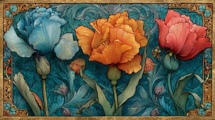 Illuminated manuscript floral frame with intricate medieval decorations, ornate borders, colorful flowers, elegant vintage design, decorative manuscript elements, and classic ornamental style