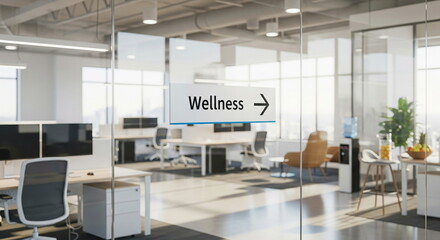 "Wellness" sign on glass in a bright, modern open-plan office. Emphasizes corporate well-being, healthy work environment, and employee care.