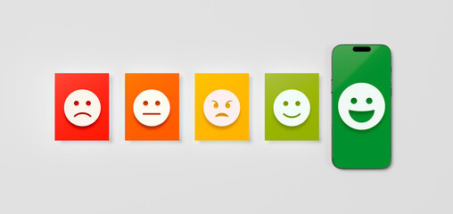 Customer satisfaction rating with emojis face and mobile phone. Excellent feedback and service experience on smartphone screen.