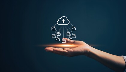 Hand presenting cloud computing network with data folders on a dark background