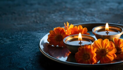 Warm glowing oil lamps and orange flowers arranged on a metallic tray against a dark background