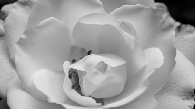 Close-up white rose with soft petals in grayscale, great for backgrounds or romantic concepts